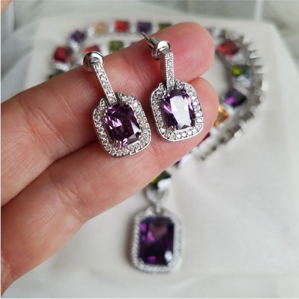 Swarovski Elements Amethyst Purple Emerald-cut Halo Earrings NEW - Picture 7 of 14